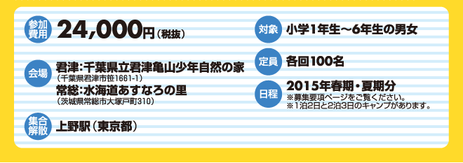 【参加費用】通常参加費24,000円（税抜）【会場】君津：千葉県立君津亀山少年自然の家／千葉県君津市笹字片倉1661-1 常総：水海道あすなろの里／茨城県常総市大塚戸町310 集合解散場所：上野駅（東京都） 【定員】各回100人 【日程】2015年春期・夏期分※1泊2日と2泊3日のキャンプがあります。 【対象】小学1年生?小学6年生の男女